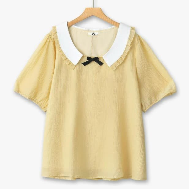 Plusock Plus Size Ruffle Collar Bow Puff Sleeve Blouse - Yellow - 6XL - image 0