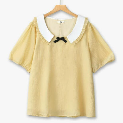 Plusock Plus Size Ruffle Collar Bow Puff Sleeve Blouse - Yellow - 6XL - image 0