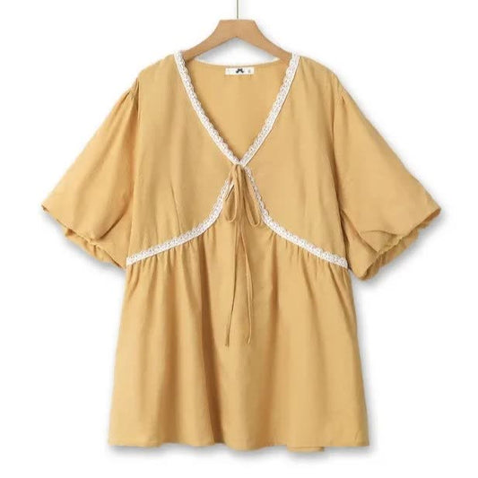 Plusock Plus Size Cotton Lace Trim Tie Front V Neck Blouse - Yellow - 6XL - image 0