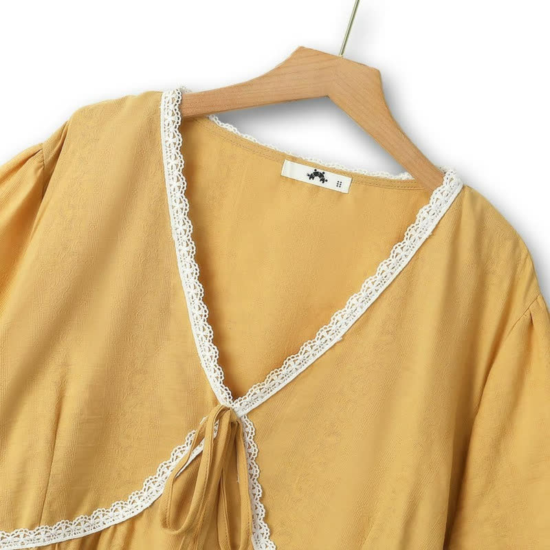 Plusock Plus Size Cotton Lace Trim Tie Front V Neck Blouse - image 1
