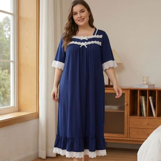 Plusock Lace Trim Bow Nightgown - Navy Blue - 4XL - image 0