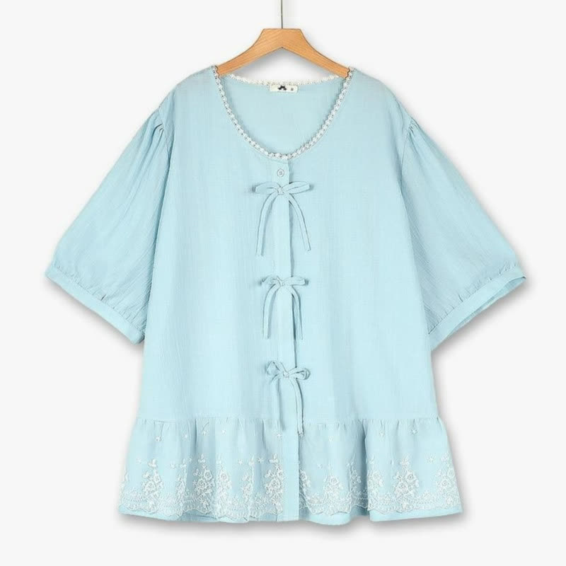 Plusock Plus Size Bow Lace Blouse - Light Blue - 6XL - image 0