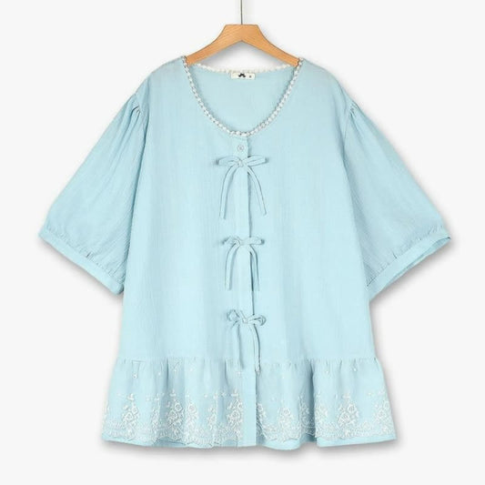 Plusock Plus Size Bow Lace Blouse - Light Blue - 6XL - image 0