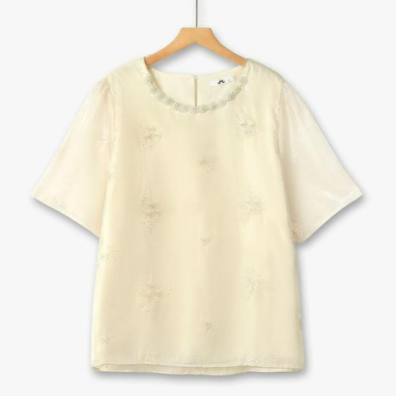 Plusock Plus Size Floral Textured Lace Neck Blouse - Beige - 6XL - image 0
