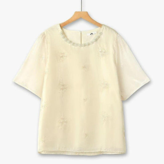 Plusock Plus Size Floral Textured Lace Neck Blouse - Beige - 6XL - image 0