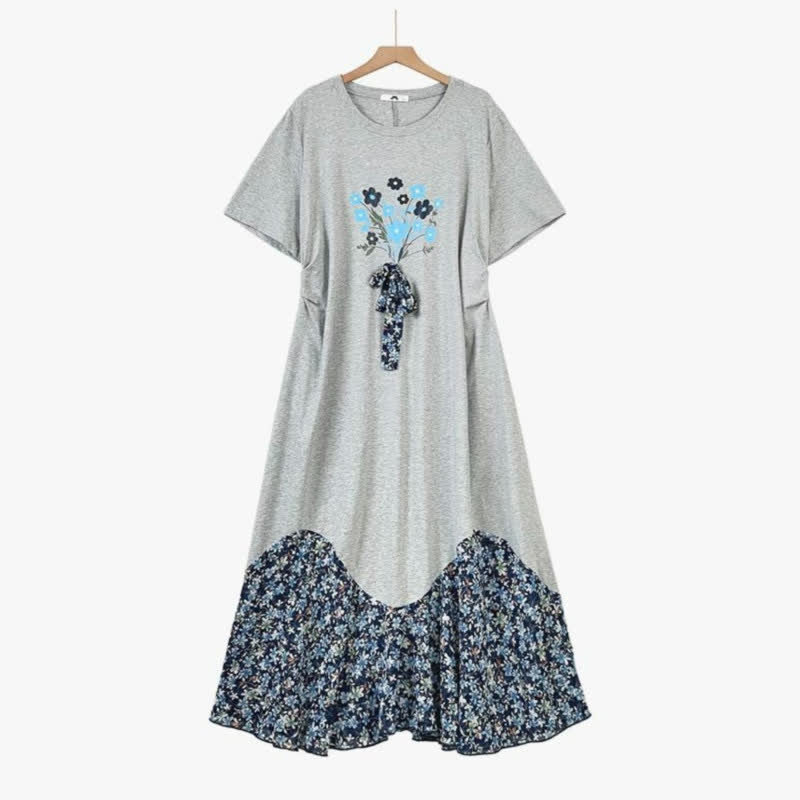 Plusock Casual Floral Patchwork Midi Dress - Grey - 6XL - image 0