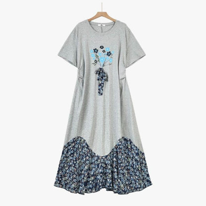 Plusock Casual Floral Patchwork Midi Dress - Grey - 6XL - image 0