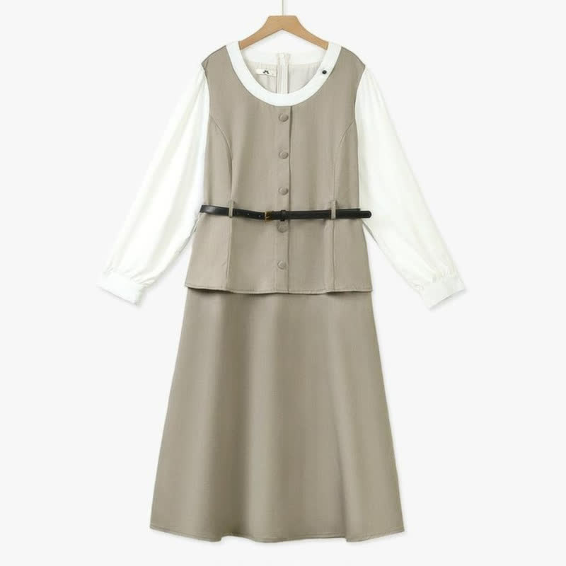 Plusock Vintage Layered Belted Midi Dress - Khaki - 6XL - image 0