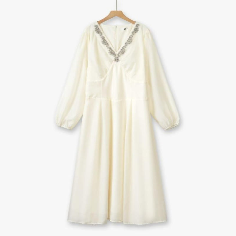 Plusock Embroidered V Neck Maxi Dress - Beige - 6XL - image 1