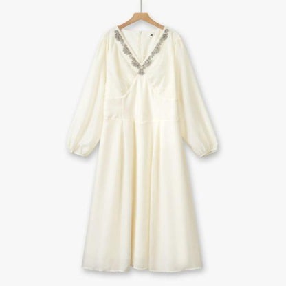 Plusock Embroidered V Neck Maxi Dress - Beige - 6XL - image 1