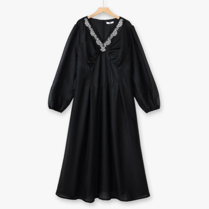 Plusock Embroidered V Neck Maxi Dress - Black - 6XL - image 2