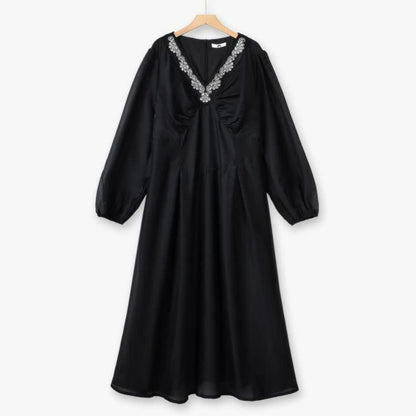 Plusock Embroidered V Neck Maxi Dress - Black - 6XL - image 2