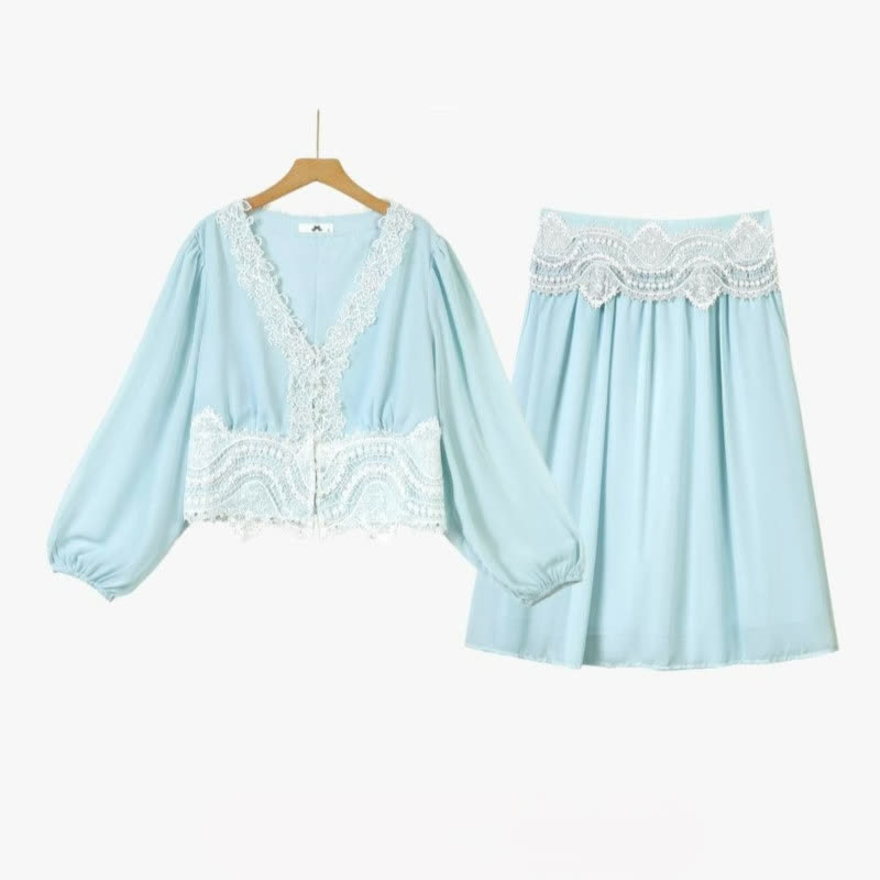Plusock Plus Size Sky Blue Lace Trim Two Piece Skirt Set - Light Blue - 6XL - image 0