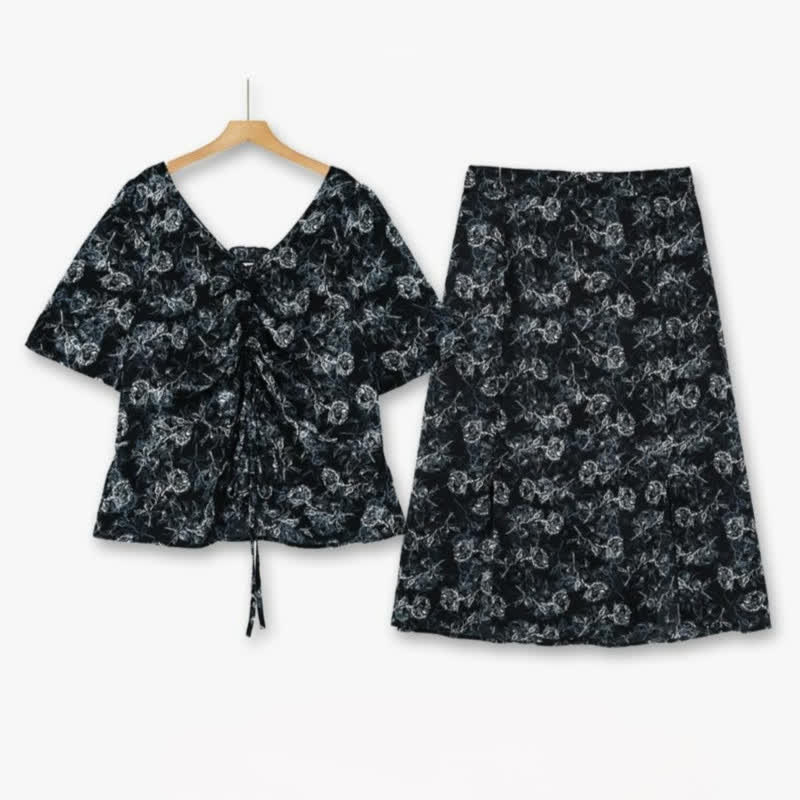 Plusock Plus-Size Black Floral Two-Piece Skirt Set - 2Pcs Set - 6XL - image 0