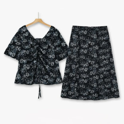 Plusock Plus-Size Black Floral Two-Piece Skirt Set - 2Pcs Set - 6XL - image 0