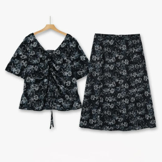 Plusock Plus-Size Black Floral Two-Piece Skirt Set - 2Pcs Set - 6XL - image 0