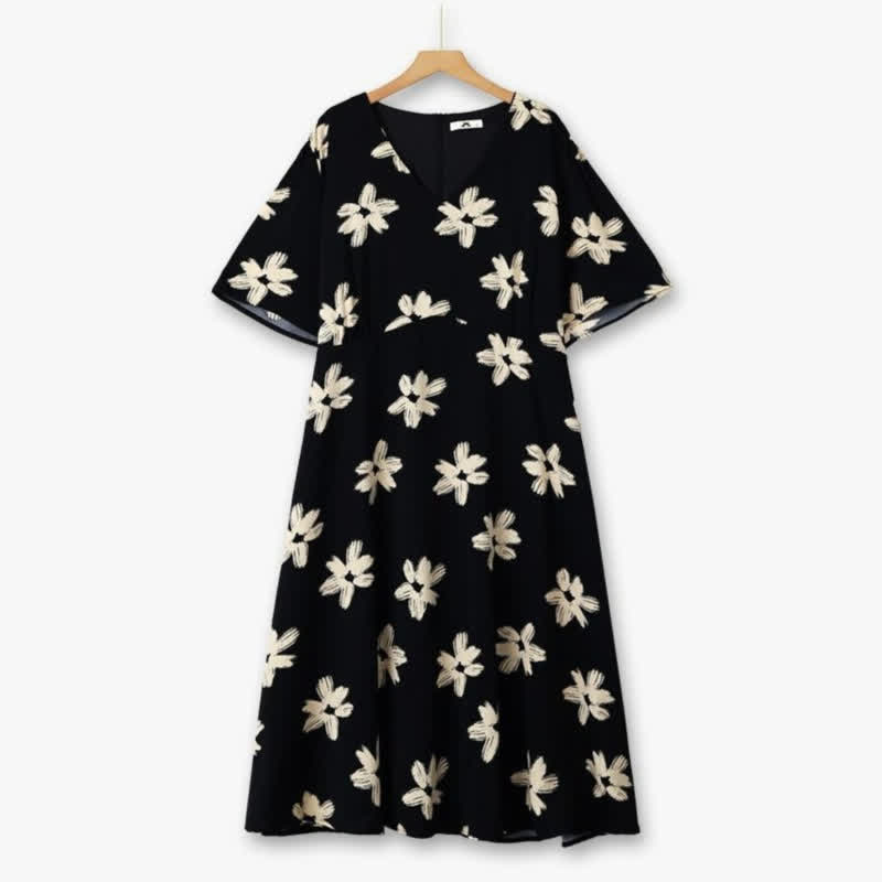 Plusock Curve Floral V Neck Midi Dress - Black - 6XL - image 0