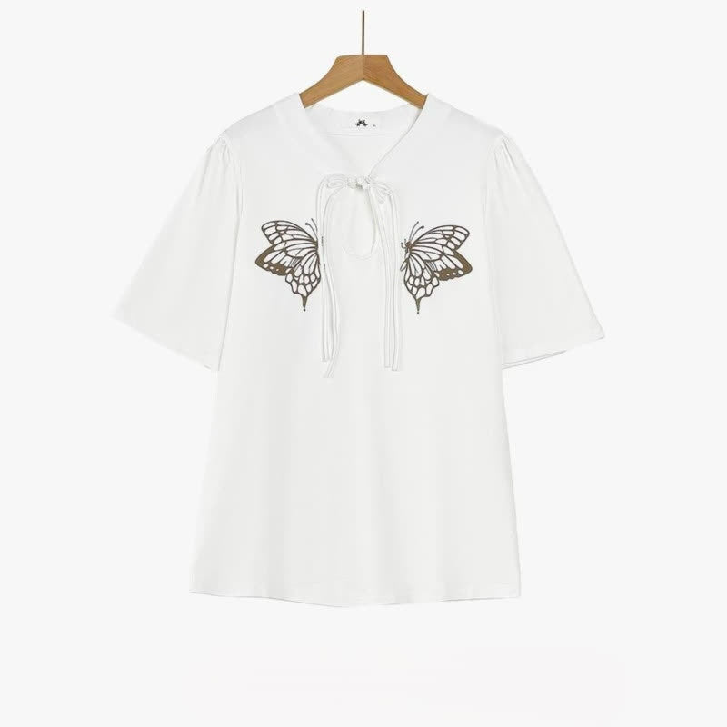 Plusock Plus Size Butterfly Print Tie Neck Summer Blouse - White - 6XL - image 1