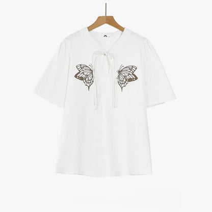Plusock Plus Size Butterfly Print Tie Neck Summer Blouse - White - 6XL - image 1
