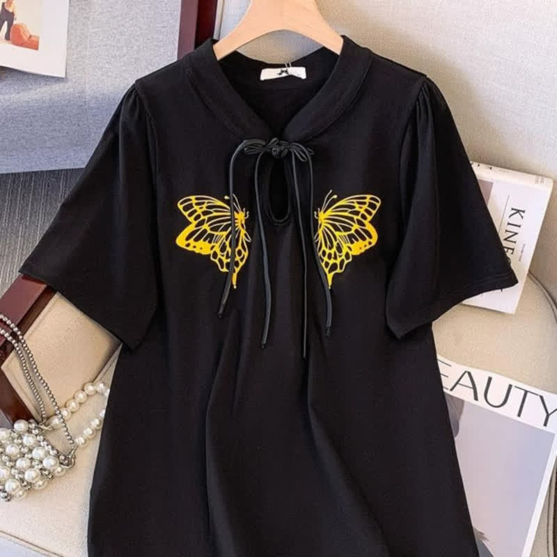 Plusock Plus Size Butterfly Print Tie Neck Summer Blouse - image 3