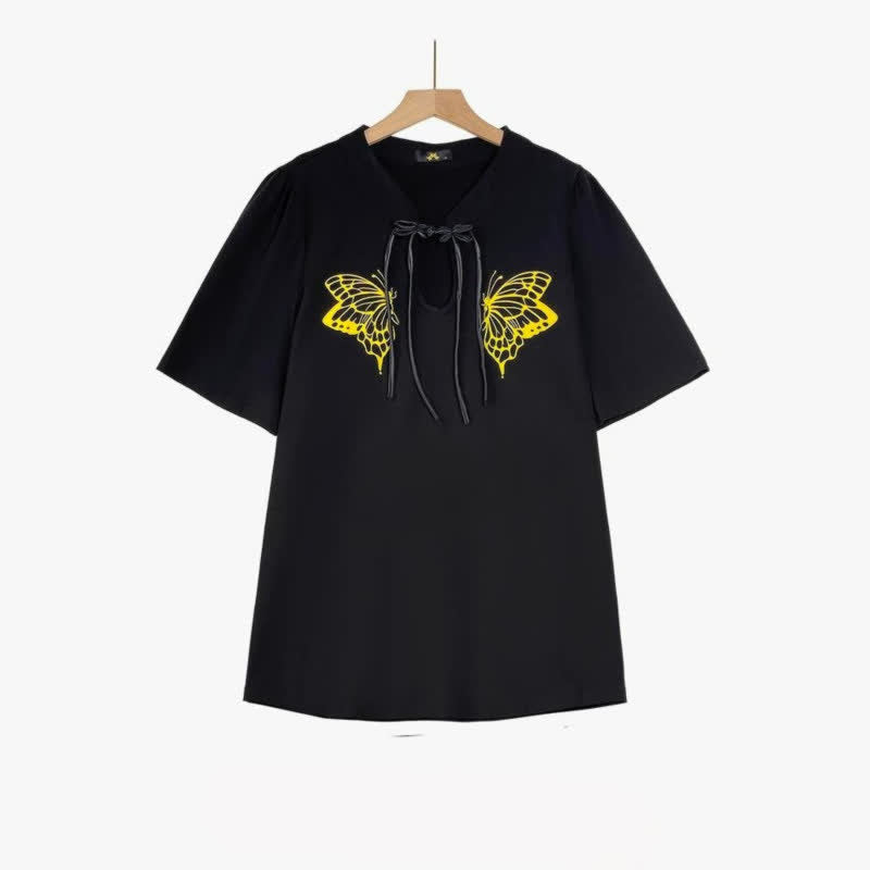 Plusock Plus Size Butterfly Print Tie Neck Summer Blouse - Black - 6XL - image 2