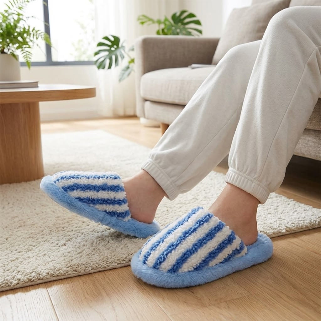 Plusock Cozy Striped Plush Indoor Slippers - Blue - EU40-41(US6-7) - image 1