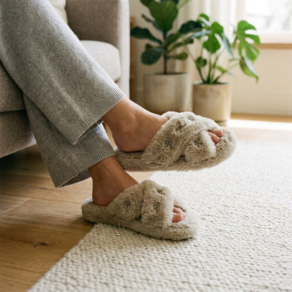 Plusock Cross Band Plush Open Toe Slippers - image 2