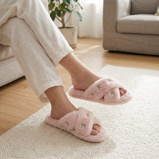 Plusock Cross Band Plush Open Toe Slippers - image 0