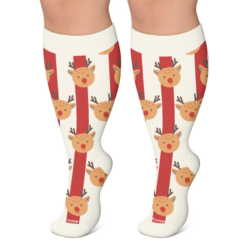 Plusock Plus Size Santa Elk Stripe Compression Socks - White - 4XL - image 6