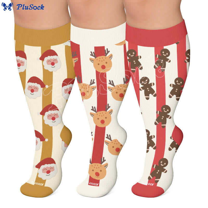Plusock Plus Size Santa Elk Stripe Compression Socks - image 0