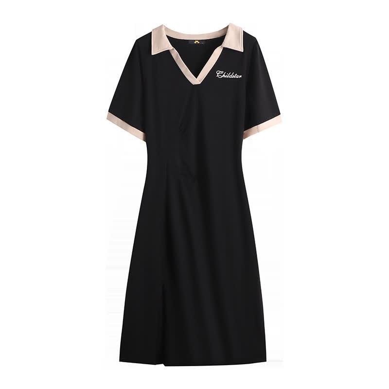 Plusock Contrast Collar Casual Midi Dress - Black - 7XL - image 1