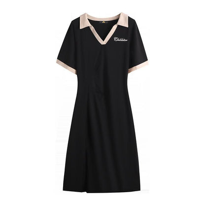Plusock Contrast Collar Casual Midi Dress - Black - 7XL - image 1