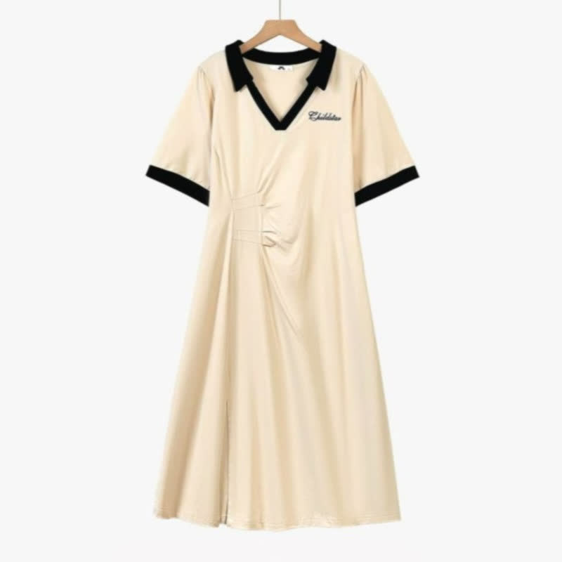 Plusock Contrast Collar Casual Midi Dress - Beige - 7XL - image 0