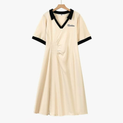Plusock Contrast Collar Casual Midi Dress - Beige - 7XL - image 0