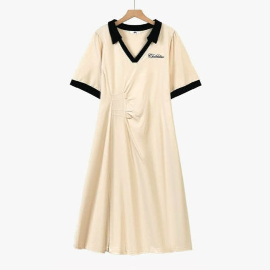 Plusock Contrast Collar Casual Midi Dress - Beige - 7XL - image 0
