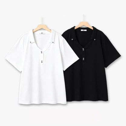 Plusock Plus Size Buttoned V Neck Cotton Blend Blouse - image 0