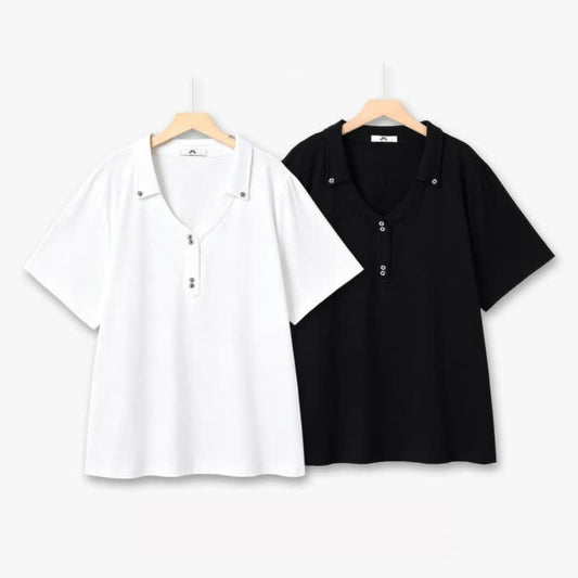 Plusock Plus Size Buttoned V Neck Cotton Blend Blouse - image 0