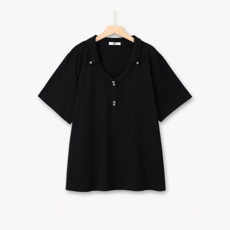 Plusock Plus Size Buttoned V Neck Cotton Blend Blouse - Black - 6XL - image 2