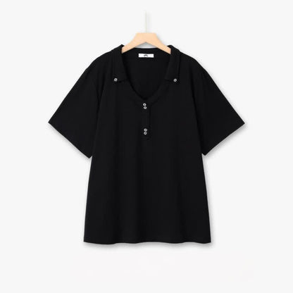 Plusock Plus Size Buttoned V Neck Cotton Blend Blouse - Black - 6XL - image 2