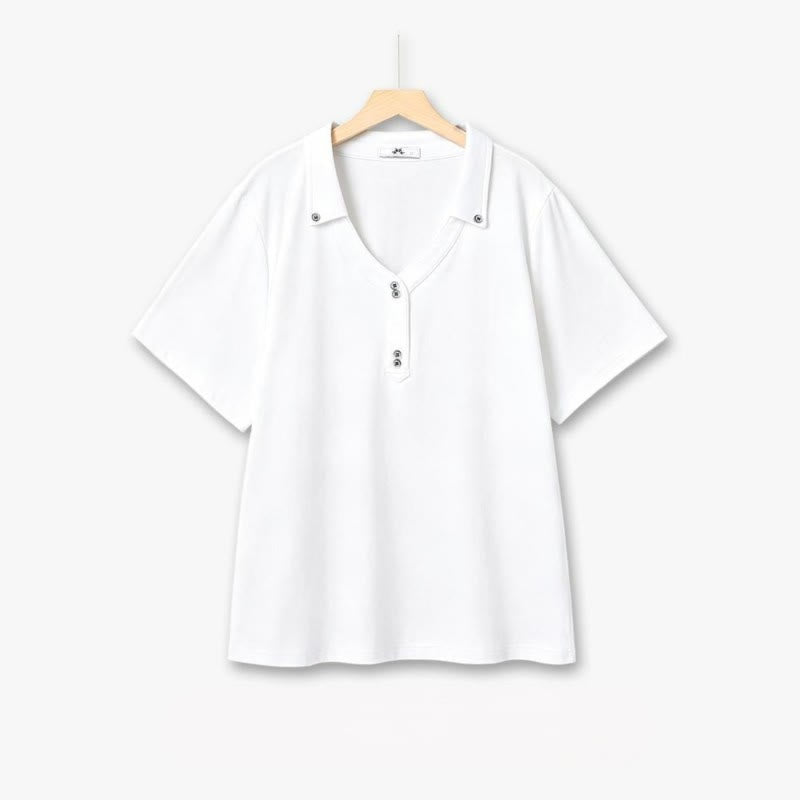 Plusock Plus Size Buttoned V Neck Cotton Blend Blouse - White - 6XL - image 1