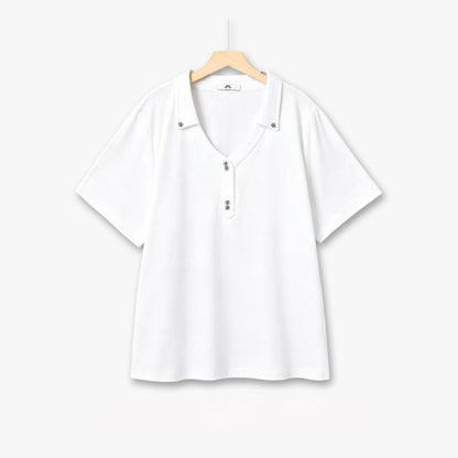 Plusock Plus Size Buttoned V Neck Cotton Blend Blouse - White - 6XL - image 1