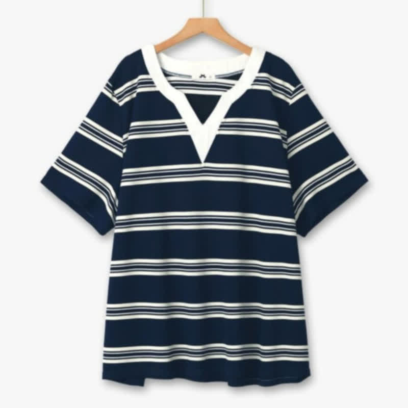 Plusock Contrast Stripe V-Neck Casual Comfort Blouse - Blue - 6XL - image 0