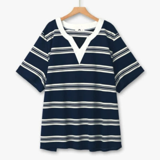 Plusock Contrast Stripe V-Neck Casual Comfort Blouse - Blue - 6XL - image 0