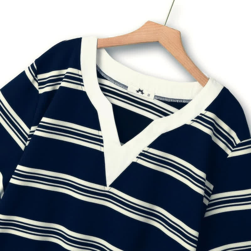 Plusock Contrast Stripe V-Neck Casual Comfort Blouse - image 1