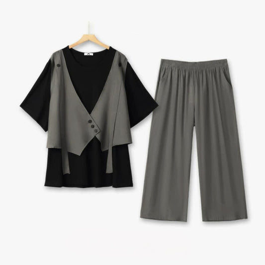 Plusock Casual Layered V Neck Two Piece Pant Set - Grey - 6XL - image 0