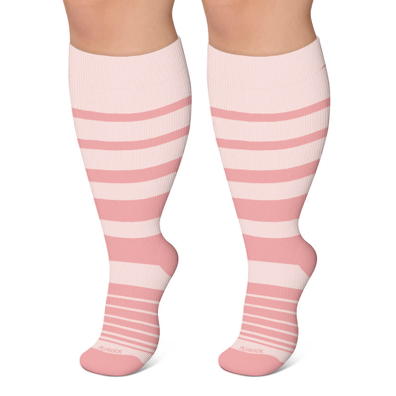 Plusock Plus Size Color Blocking Stripe Compression Socks - Pink - 4XL - image 5