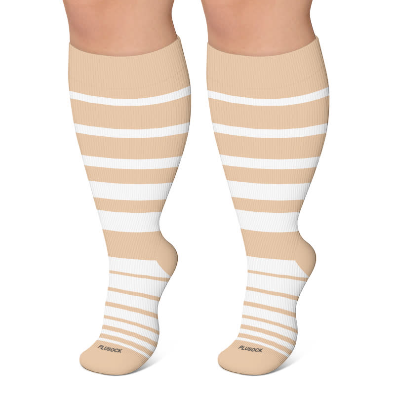 Plusock Plus Size Color Blocking Stripe Compression Socks - Khaki - 4XL - image 4
