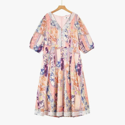 Plusock Vintage Patchwork Floral Midi Dress - Pink - 6XL - image 0