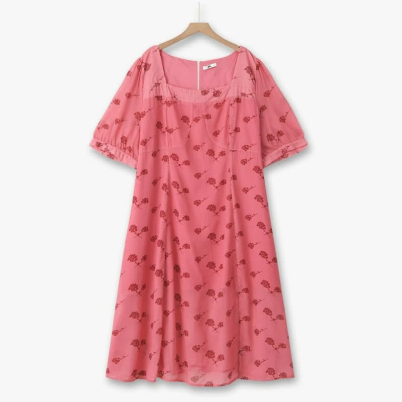 Plusock Vintage Floral Square Neck Midi Dress - Pink - 6XL - image 0