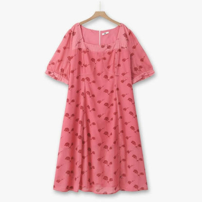 Plusock Vintage Floral Square Neck Midi Dress - Pink - 6XL - image 0